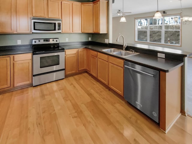 kitchen with a sink, stainless steel appliances, and dark countertops