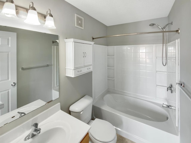 full bathroom with visible vents, toilet, shower / washtub combination, and vanity