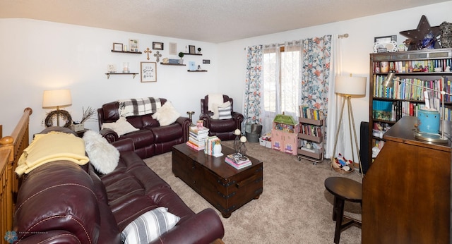 living room with carpet flooring and a textured ceiling