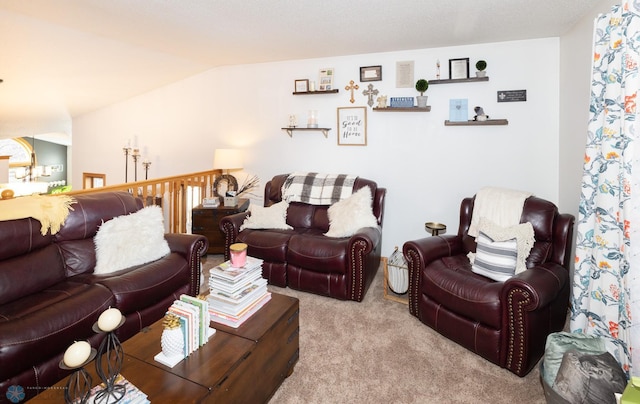 living room with carpet flooring and lofted ceiling