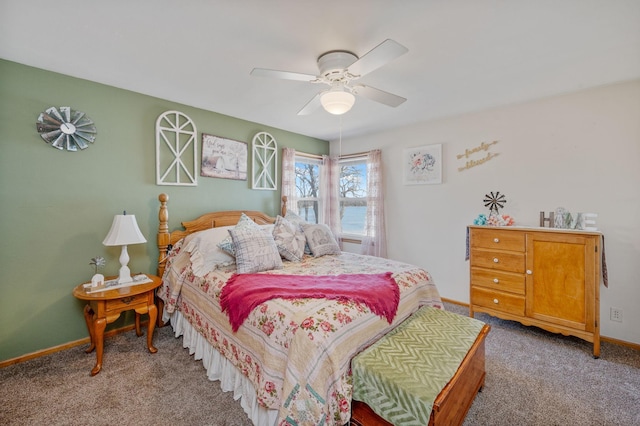 bedroom with baseboards, carpet floors, and ceiling fan