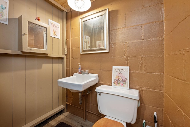 half bathroom with concrete block wall, toilet, and a sink