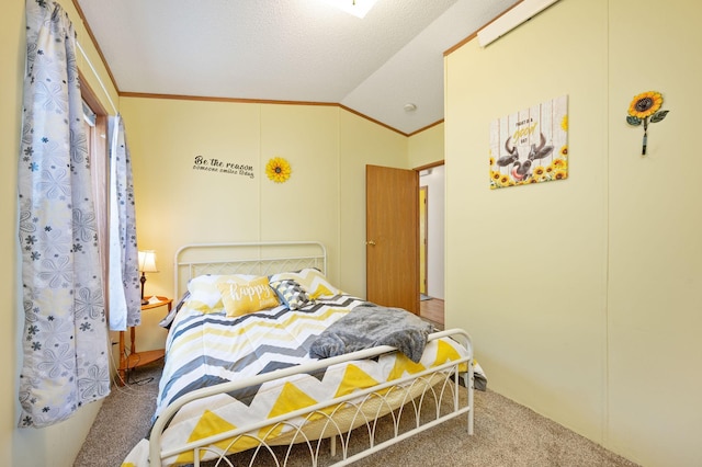 bedroom featuring a textured ceiling, crown molding, carpet flooring, and vaulted ceiling