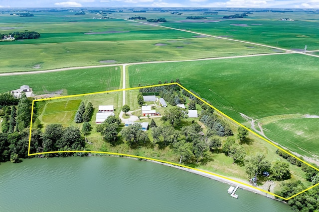 aerial view featuring a rural view and a water view