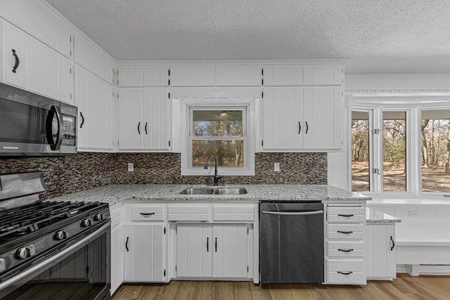 kitchen with light wood finished floors, a sink, stainless steel appliances, white cabinets, and tasteful backsplash