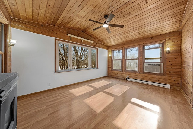 interior space with a baseboard heating unit, wood ceiling, vaulted ceiling, cooling unit, and wood finished floors