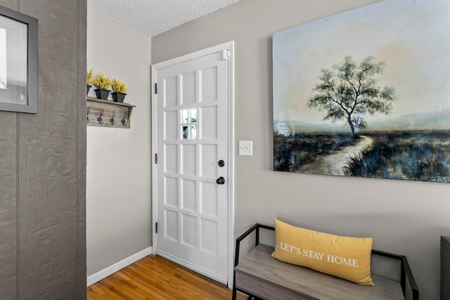 foyer featuring wood finished floors, baseboards, and a textured ceiling