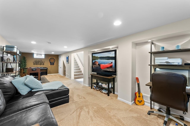 carpeted living room featuring stairs, recessed lighting, and baseboards