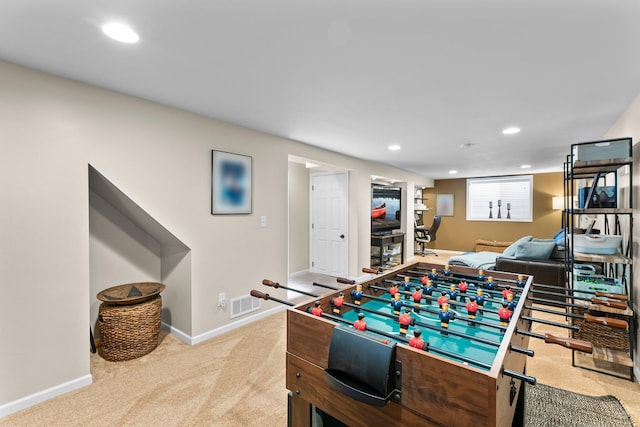 rec room with recessed lighting, carpet, visible vents, and baseboards