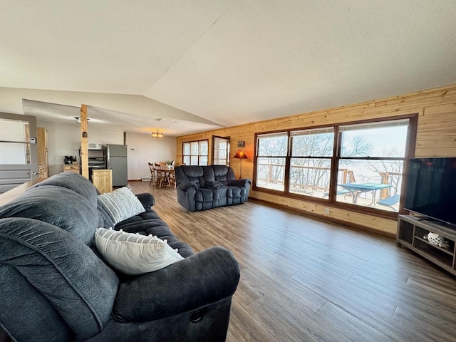 28887 Hi Vista Dr, Otter Tail Twp, MN 56515 - living room featuring wood walls, vaulted ceiling, and wood finished floors