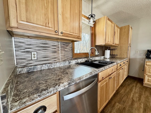 28887 Hi Vista Dr, Otter Tail Twp, MN 56515 - kitchen with dishwasher, a sink, light brown cabinetry, dark wood-style floors, and decorative backsplash