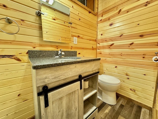 28887 Hi Vista Dr, Otter Tail Twp, MN 56515 - bathroom featuring wooden walls, vanity, toilet, and wood finished floors