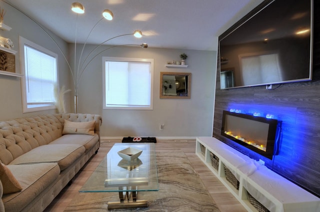 living area featuring a glass covered fireplace, wood finished floors, and baseboards