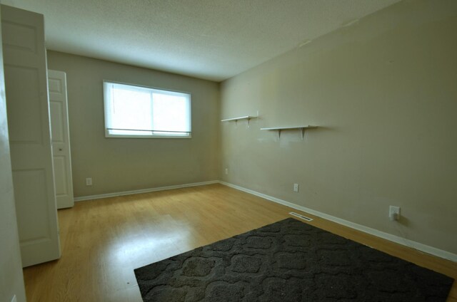 empty room with baseboards, light wood-style floors, and a textured ceiling