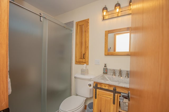 full bathroom featuring vanity, toilet, and a stall shower