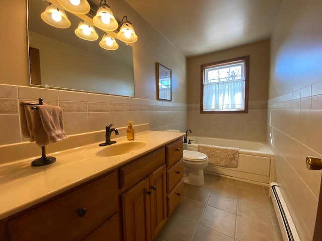 full bath with tile patterned floors, a garden tub, toilet, a baseboard heating unit, and tile walls