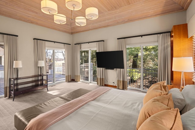 5123 Lake Ridge Rd, Edina, MN 55436 - bedroom featuring wooden ceiling, carpet flooring, access to exterior, multiple windows, and a chandelier