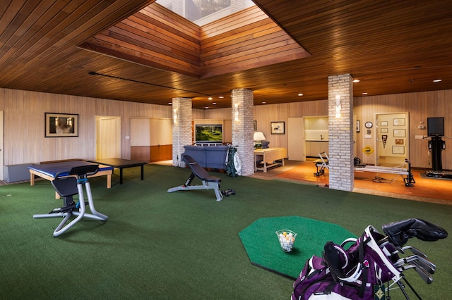 5123 Lake Ridge Rd, Edina, MN 55436 - rec room featuring decorative columns, wooden ceiling, carpet, and wooden walls