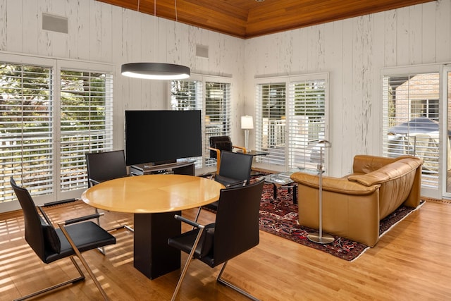 5123 Lake Ridge Rd, Edina, MN 55436 - office space featuring wood ceiling, wood finished floors, wood walls, and a towering ceiling