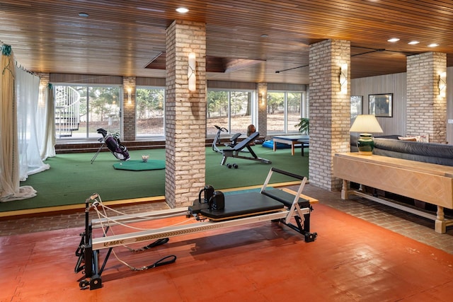 5123 Lake Ridge Rd, Edina, MN 55436 - exercise area featuring decorative columns and wood ceiling