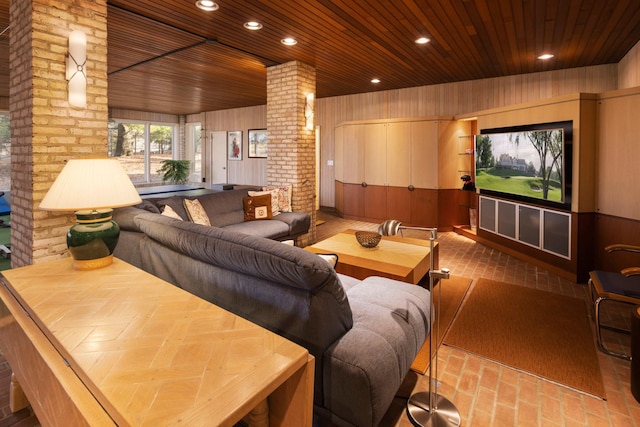 5123 Lake Ridge Rd, Edina, MN 55436 - cinema with wooden ceiling, brick flooring, ornate columns, recessed lighting, and wood walls