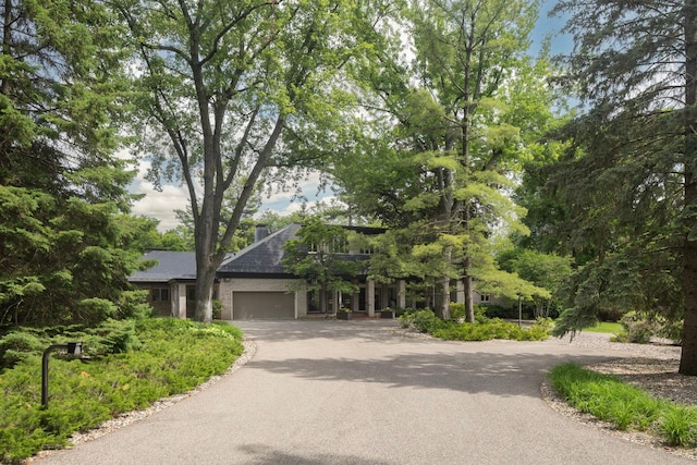 5123 Lake Ridge Rd, Edina, MN 55436 - view of property hidden behind natural elements with curved driveway, a garage, and a chimney