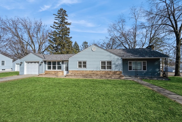 single story home with an attached garage, a chimney, a front lawn, and a shingled roof