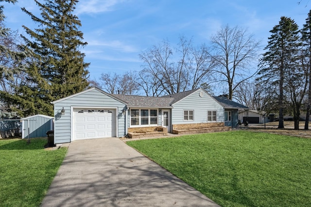 single story home with driveway, an attached garage, a front yard, and roof with shingles