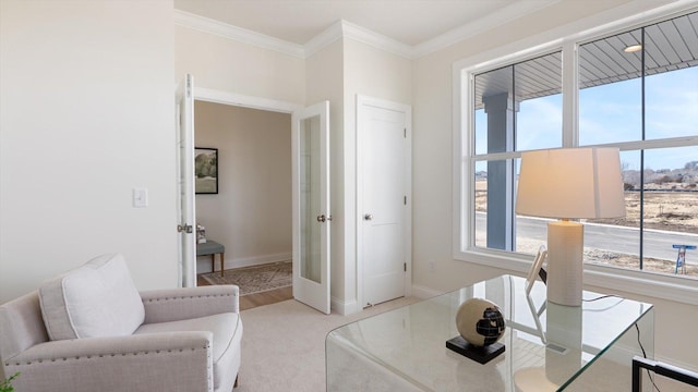 office area with light colored carpet, baseboards, and ornamental molding