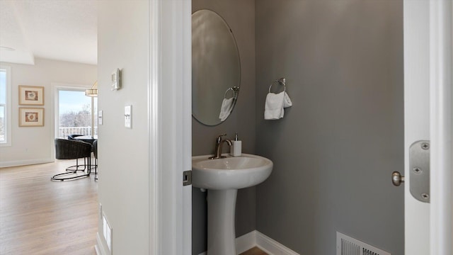 bathroom with a sink, visible vents, baseboards, and wood finished floors