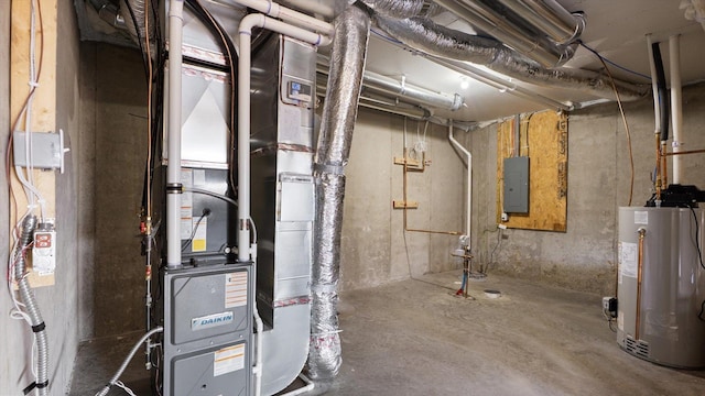 utilities featuring heating unit, electric panel, and water heater