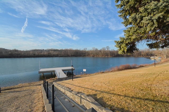 view of dock featuring a water view and a lawn