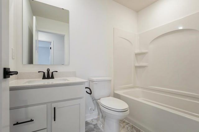 bathroom with toilet, marble finish floor, vanity, and shower / tub combination