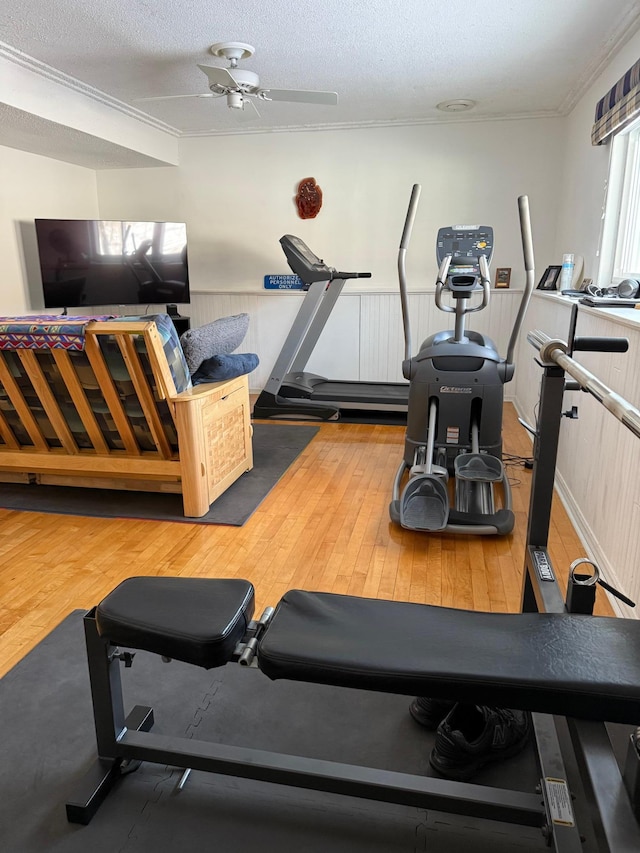 exercise area featuring a textured ceiling, ceiling fan, hardwood / wood-style flooring, wainscoting, and crown molding