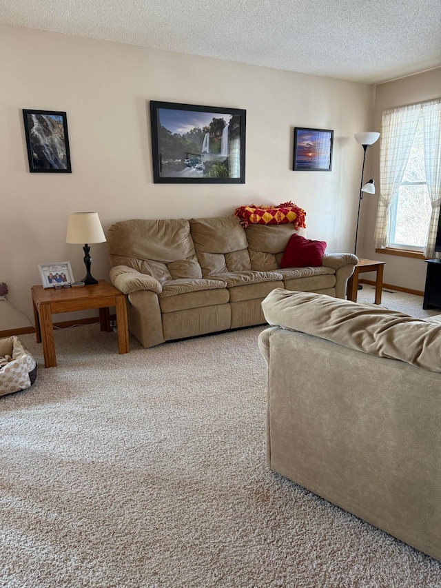 living room featuring carpet floors and a textured ceiling