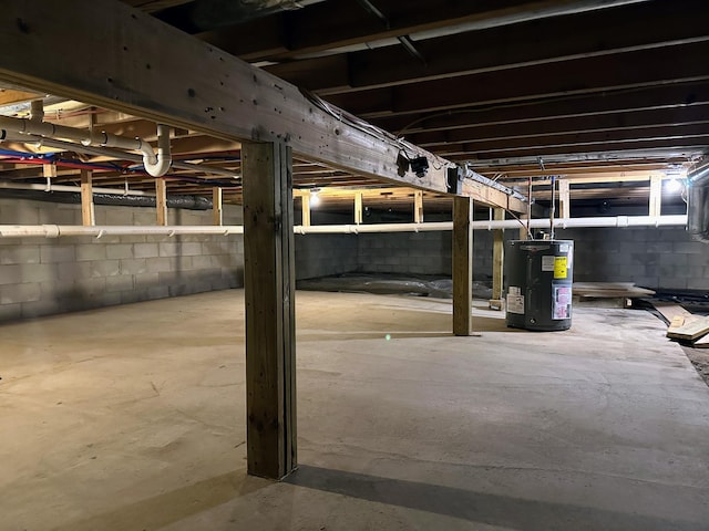 unfinished basement with electric water heater