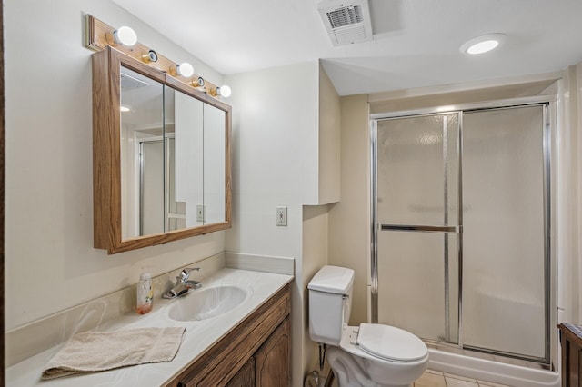 bathroom with visible vents, toilet, a stall shower, and vanity