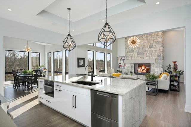 kitchen with a sink, a tray ceiling, a stone fireplace, modern cabinets, and stainless steel dishwasher