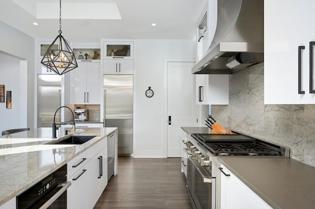 kitchen with high quality appliances, a sink, decorative light fixtures, dark wood-style floors, and exhaust hood