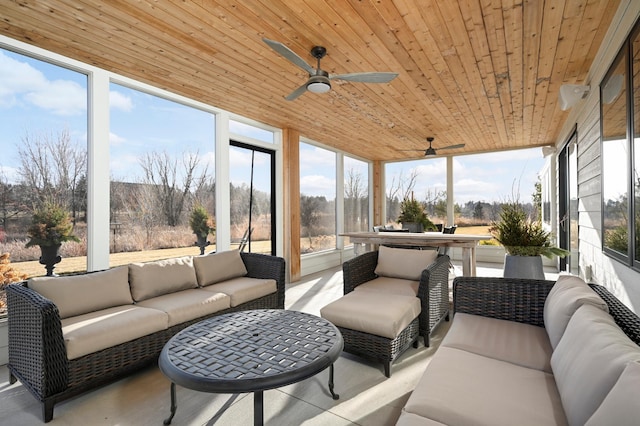 sunroom featuring a wealth of natural light, wood ceiling, and a ceiling fan