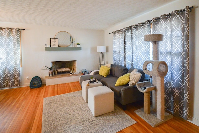 living room featuring a textured ceiling, wood finished floors, and a fireplace with raised hearth