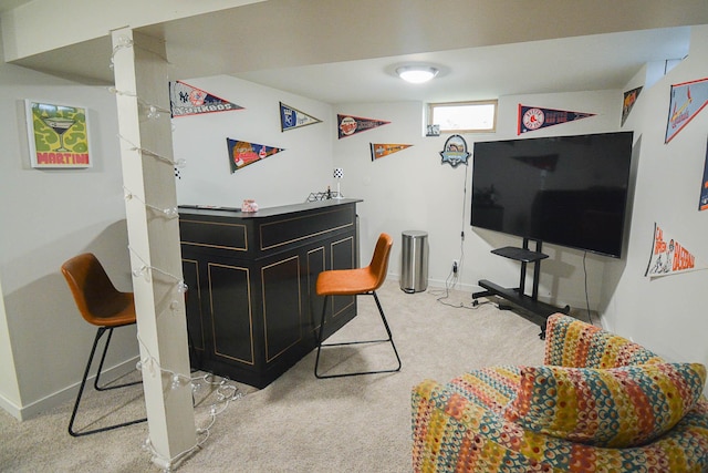 bar with baseboards, carpet floors, and a bar