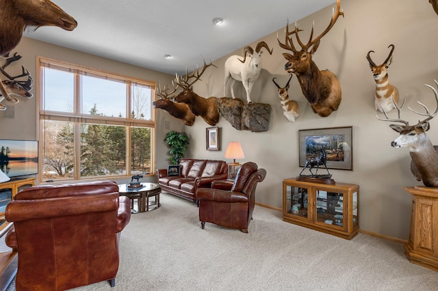 living room with baseboards and carpet flooring