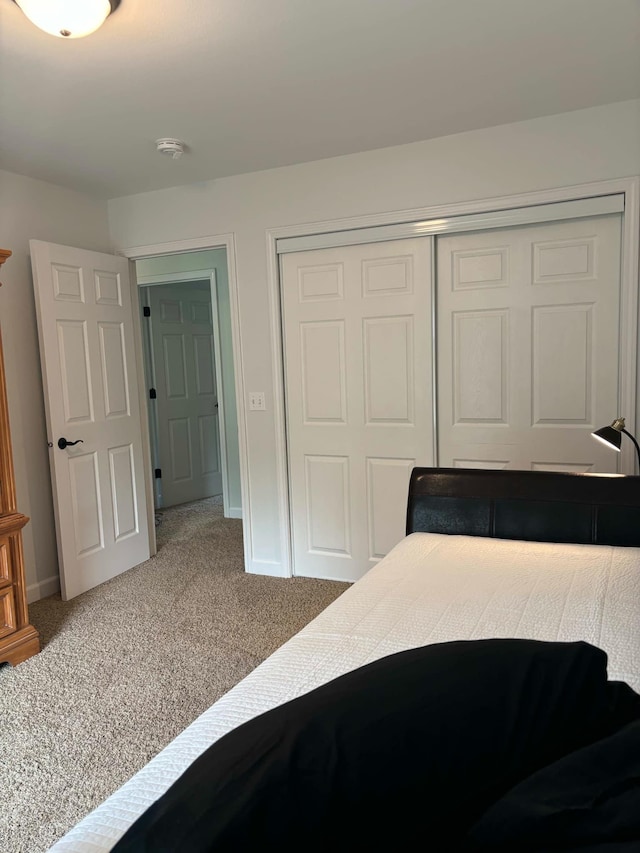 bedroom featuring a closet, baseboards, and carpet floors