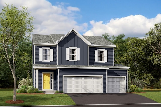 view of front facade with a front yard, a garage, board and batten siding, and driveway