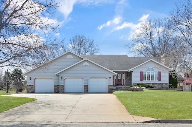 single story home with brick siding, an attached garage, concrete driveway, and a front yard