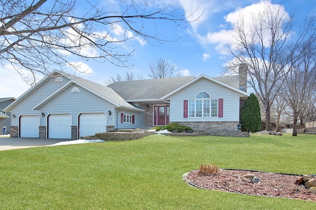 view of front of property featuring a front lawn, roof with shingles, concrete driveway, an attached garage, and a chimney