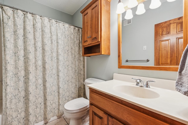 bathroom with tile patterned flooring, visible vents, toilet, a shower with curtain, and vanity