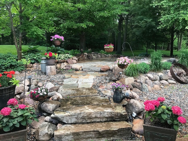 view of yard with a small pond