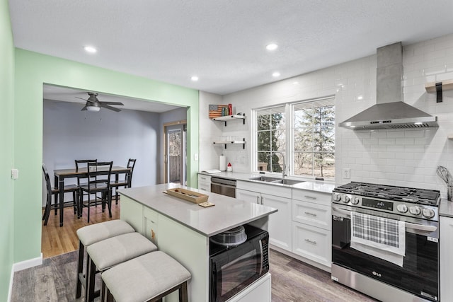 kitchen featuring a sink, backsplash, wood finished floors, stainless steel appliances, and wall chimney exhaust hood